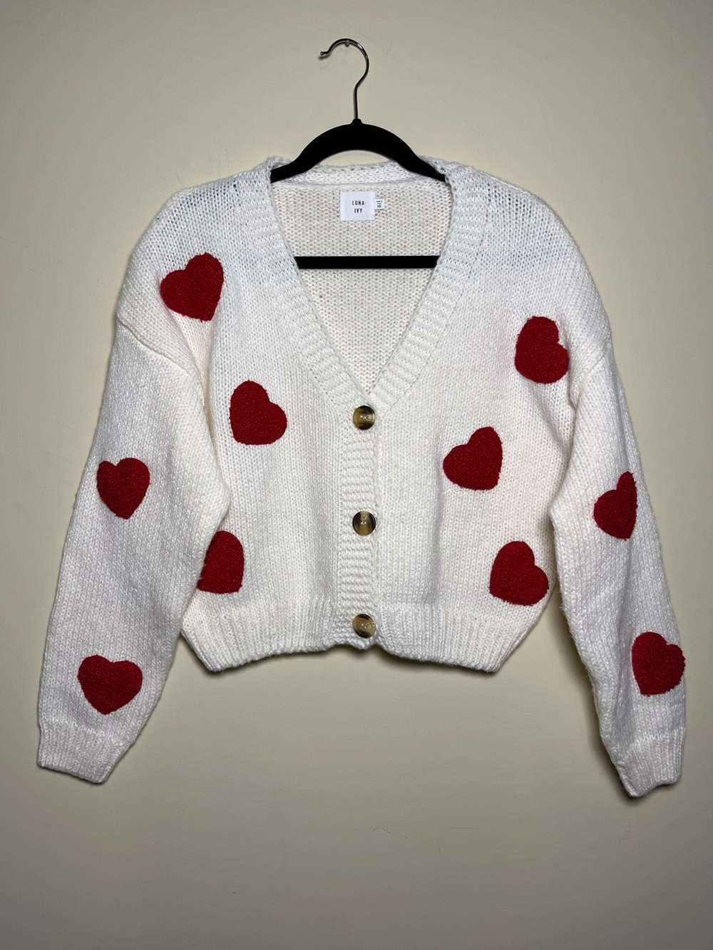 Luna Ivy Heart Chunky Knit Cardigan Sweater Red Cream Womens Size XS Cottagecore